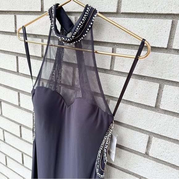 NWT Blondie Nites Gray Beaded Mesh Halter Sweetheart Neckline Formal Maxi Gown - Picture 10 of 14
